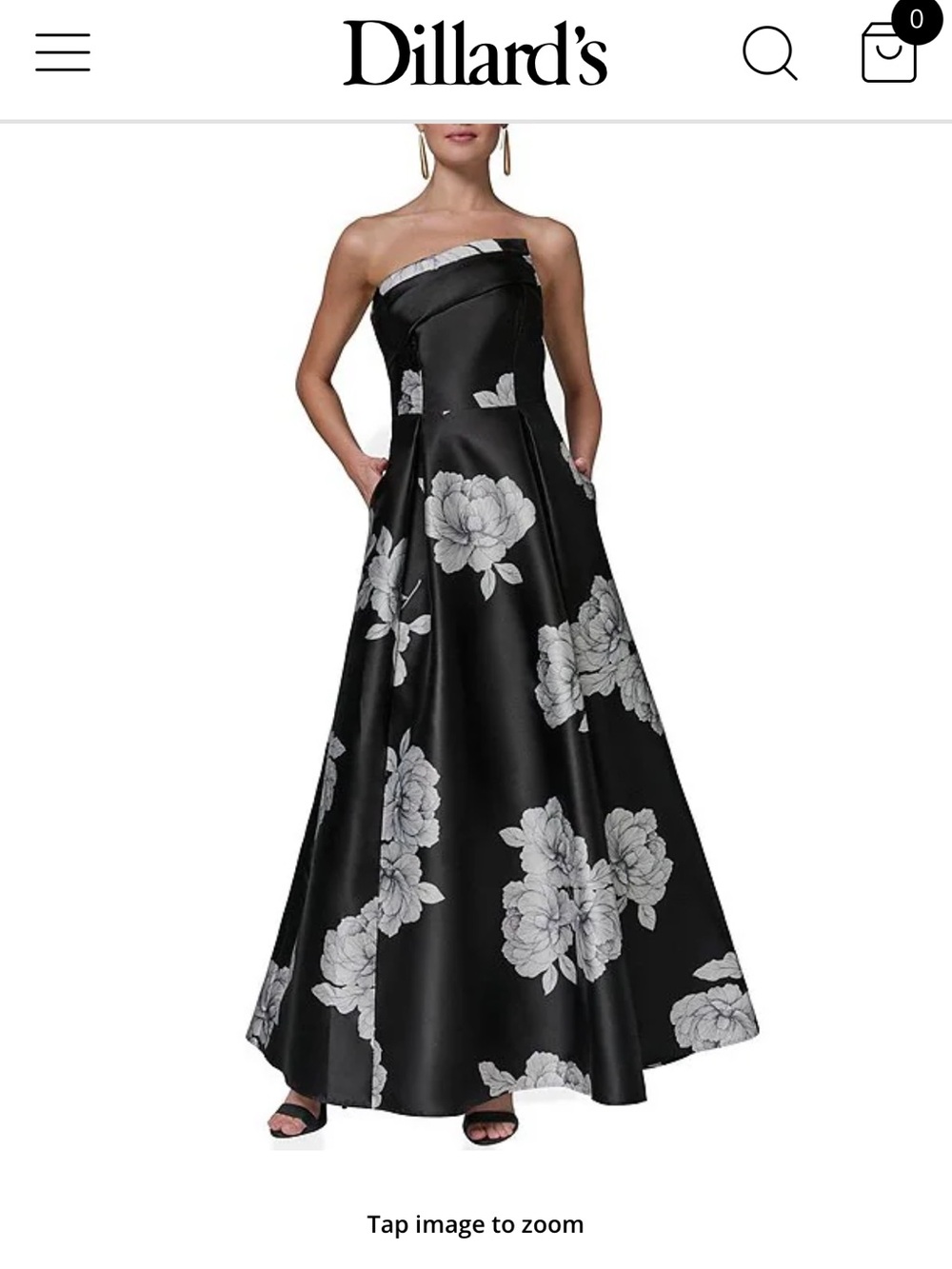 Donna Karan Strapless Asymmetrical Black Floral Satin Evening Gown